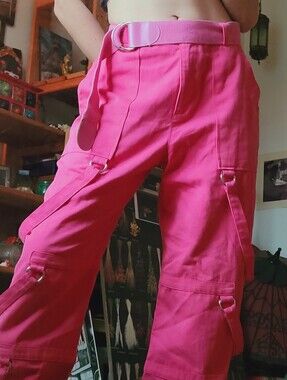 The Ragged Priest Theory Strappy Cargo High Waist Belted Pants In Hot Pink - S